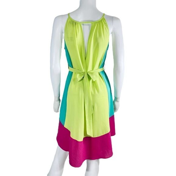 Hot & Delicious Flowy Sleeveless Color Block Neon Green Dress - Picture 3 of 8